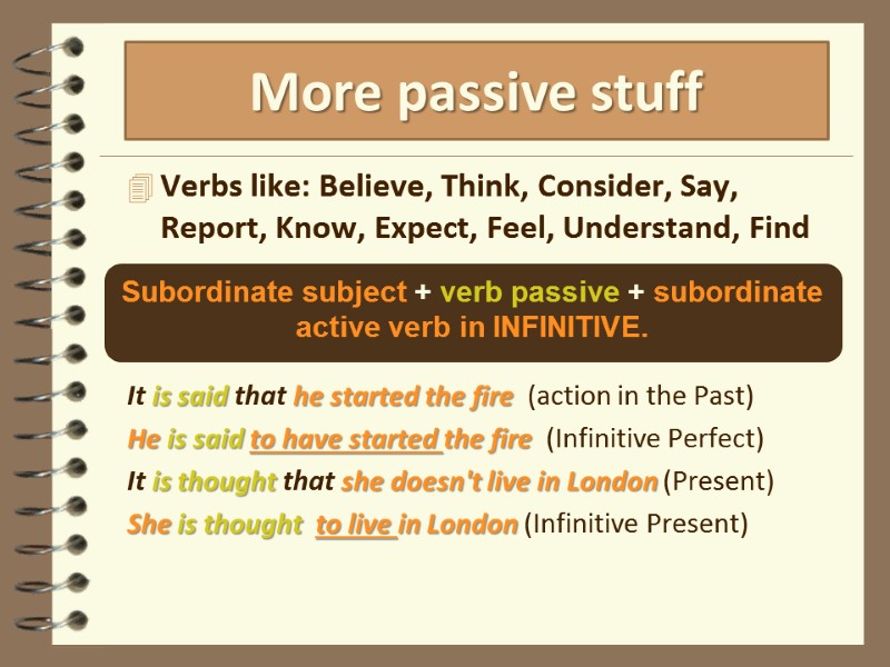 Verbs like: Believe, Think, Consider, Say, Report, Know, Expect, Feel, Understand, Find  